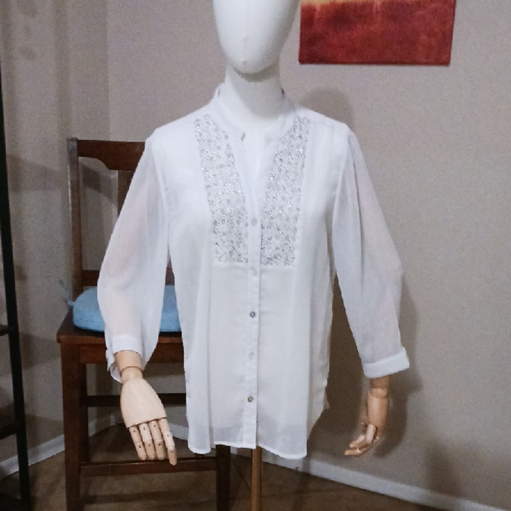 Chico's Sheer White Button-Up Blouse with Embroidery